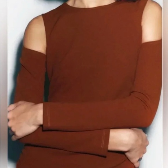 Zara Brown Midi Cut Out Ruched Dress ~ Size Medium ~ NWT - Picture 2 of 4